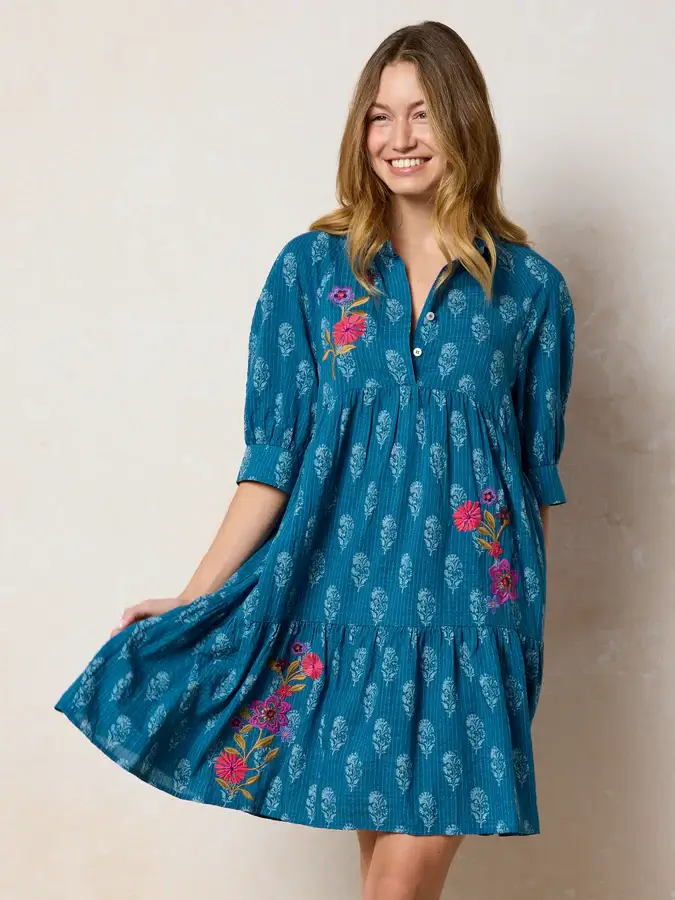 Vestido Rebecca Bordado M en Indigo Mangas