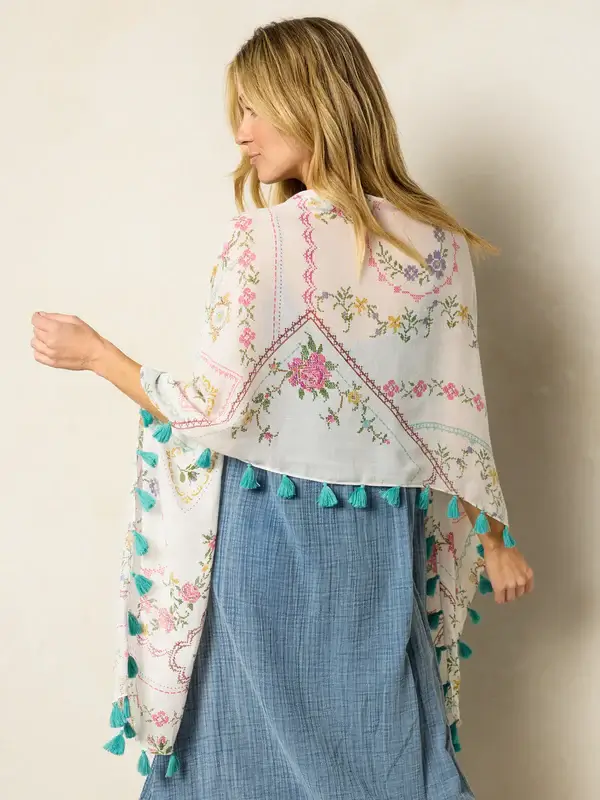 Bufanda Sayulita con Borlas Ivory Floreada