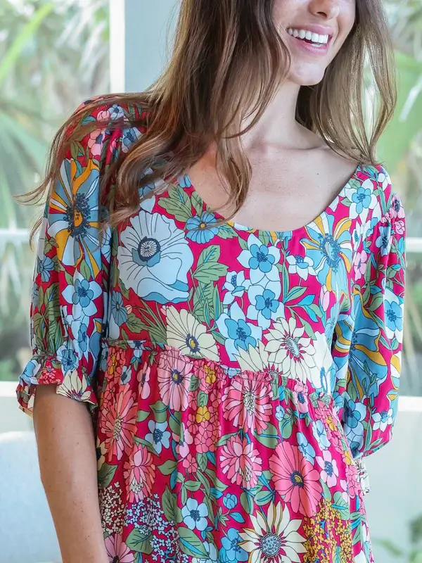 Vestido Collette M Azul y Rojo Bordado