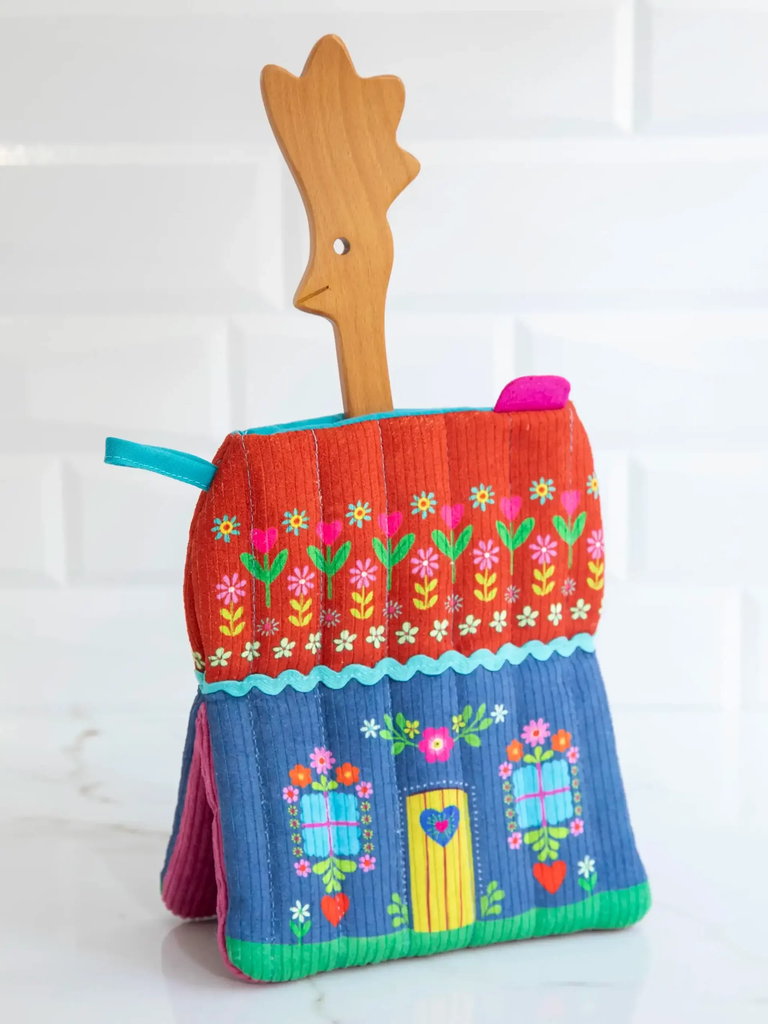 Juego de manoplas para horno y cuchara de madera