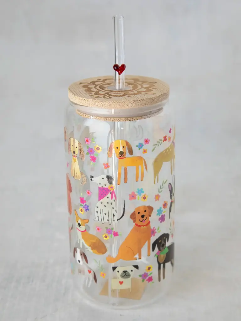Vaso de cristal con tapa y pajita Perro