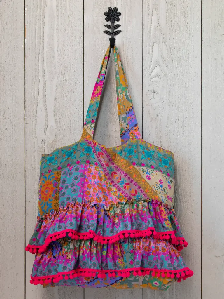 Ruffle Tote Blue Floral Patchwork