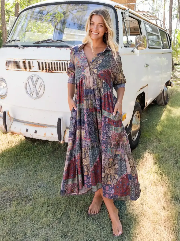 Rebecca Dress M Azul Parches 100% Rayon
