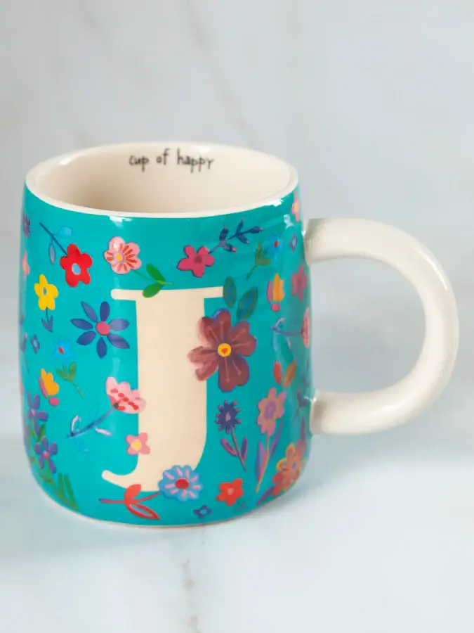 Taza de letra J floral azul