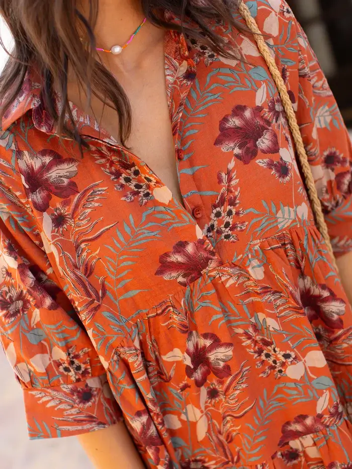 Vestido Floral Naranja Tropical XXL en 100% RAYON con mangas