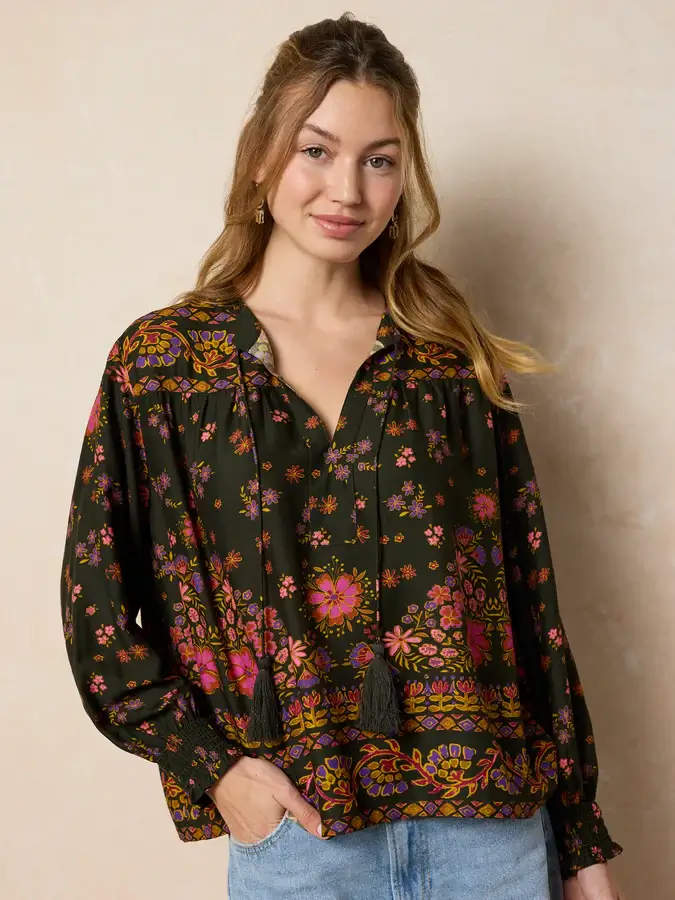 Blusa Dara XS algodon mangas largas y borla