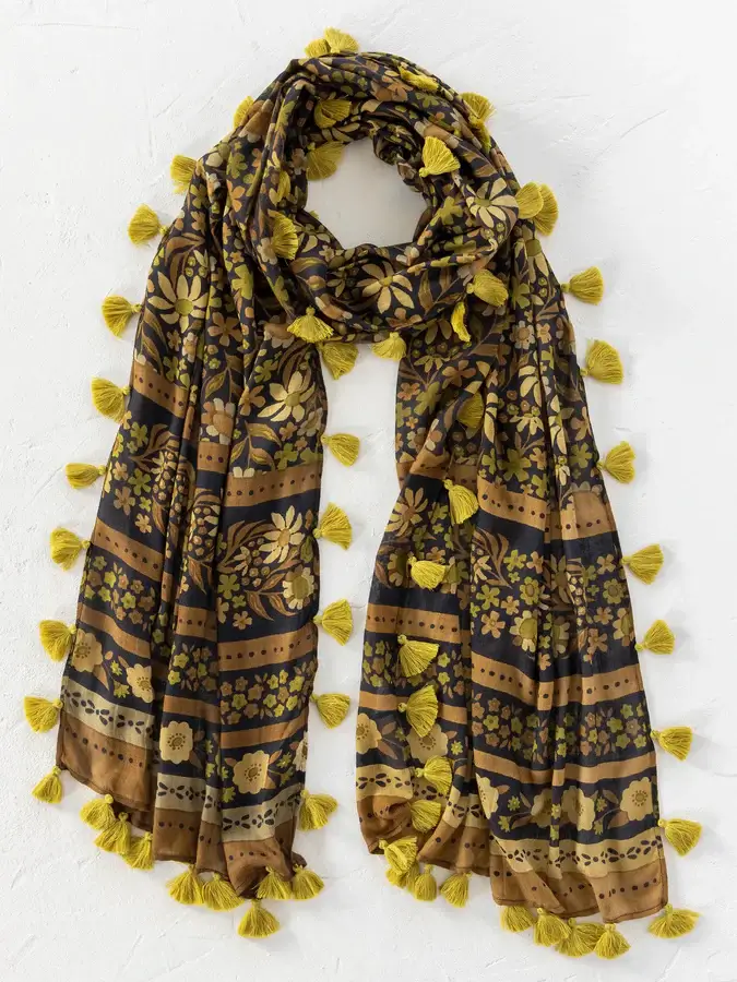 Bufanda Sayulita Negra con dorada y borlas