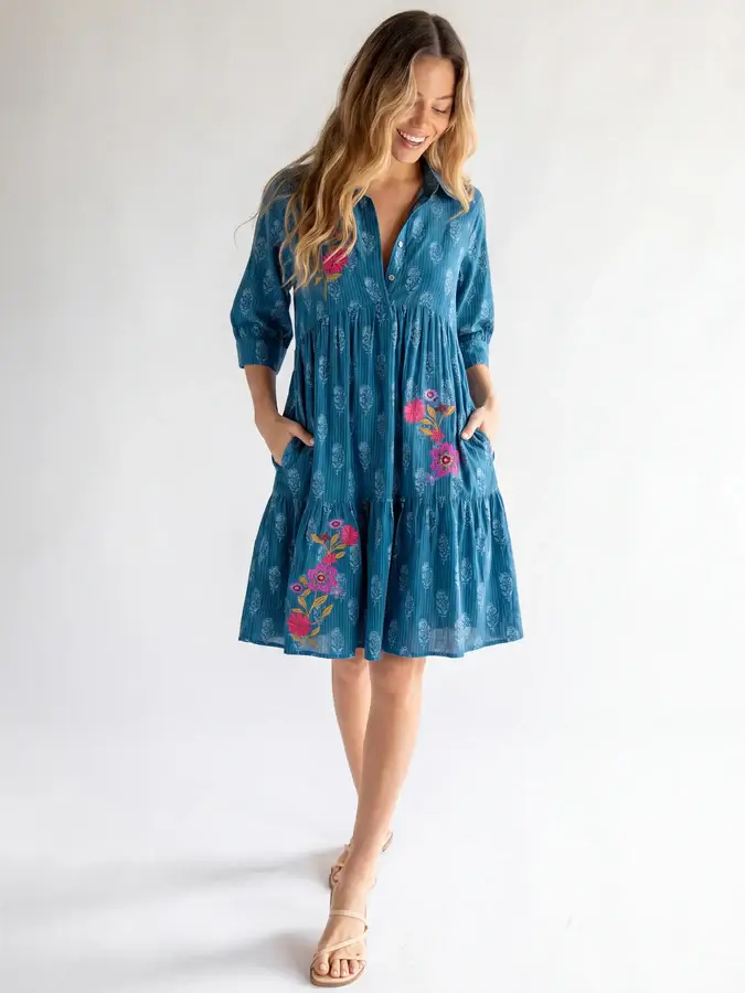 Vestido Becca Bordado con mangas XXL Indigo