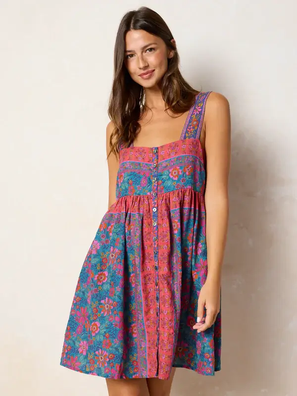 Mini Dress M azul boho con rojo