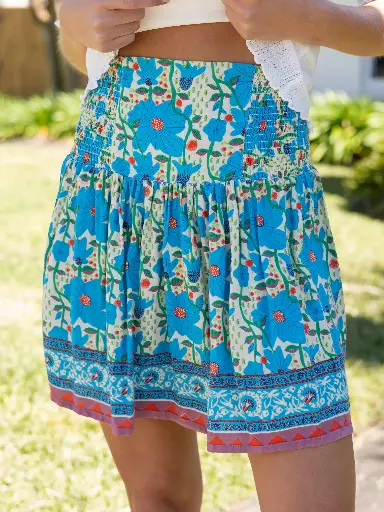 [SKRT000468] Minifalda M Crema Azul Floral