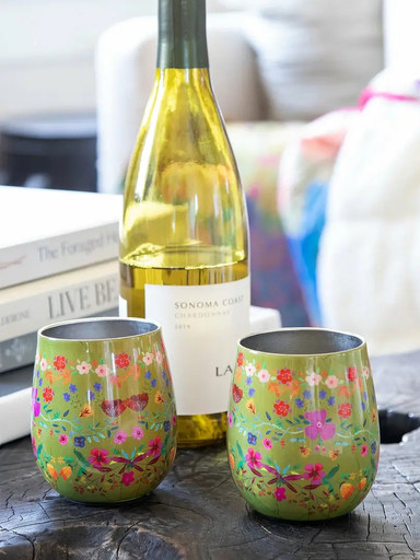 [WTMBS003] Wine Tumblers S/2 Green Floral