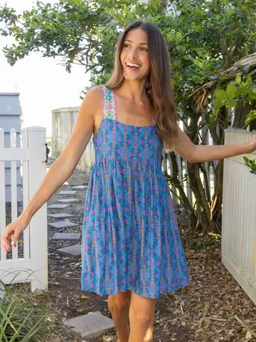 [LHDRS001904] XS Vestido Azul cielo con Ocre