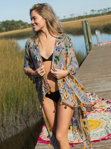 [KM000087] Kimono con borde OS gris claro