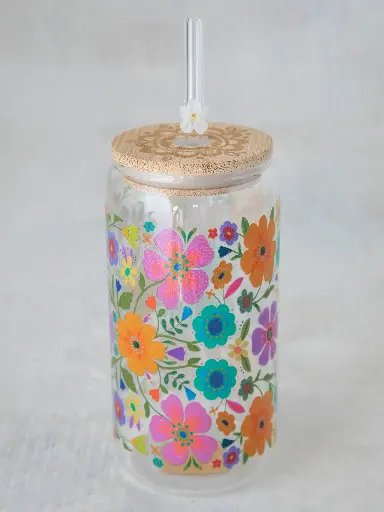 [WB000040] Vaso de vidrio con tapa y pajita