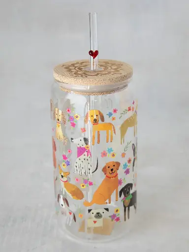 [WB000050] Vaso de cristal con tapa y pajita Perro