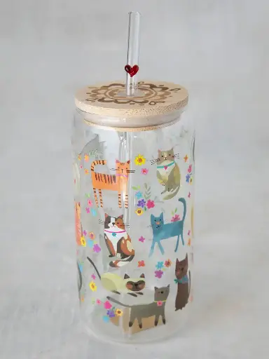 [WB000049] Vaso de vidrio con tapa y pajita CAT