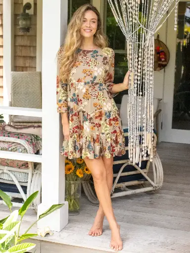 [LHDRS002384] Heidi Mini Dress L Tan Cream Flowers