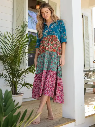 [LHDRS002008] Rebecca Dress XXL Cream Turquise Mix