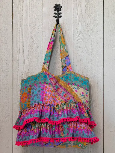 [BAG198] Ruffle Tote Blue Floral Patchwork