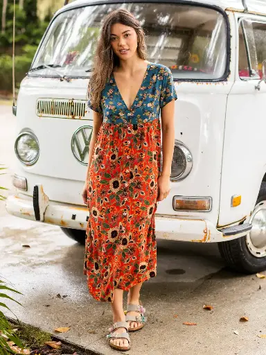 [LHDRS002686] Avery Dress L Teal Orange Mix Floral