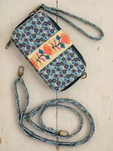 [WLT000010] Cartera de mano con flores azul y turquesa