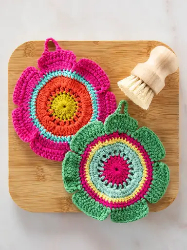 [KTL000047] Juego de paños de cocina Daisy de crochet Multicolor