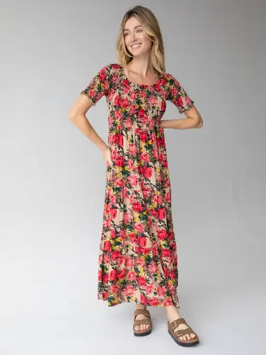 [LHDRS002677] Daysi Dress L/XL Tan Red Roses