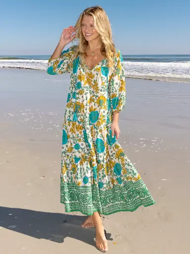 [LHDRS002728] Vestido Augusta Maxi Crema con verde