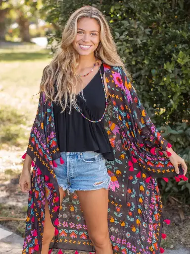 [KM000086] Kimono One Size Mandala Negro y Rojo