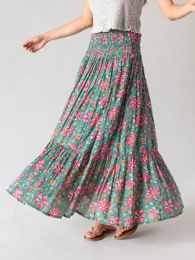 [SKRT000564] Falda Flora Maxi 100% algodon S Azul rosada