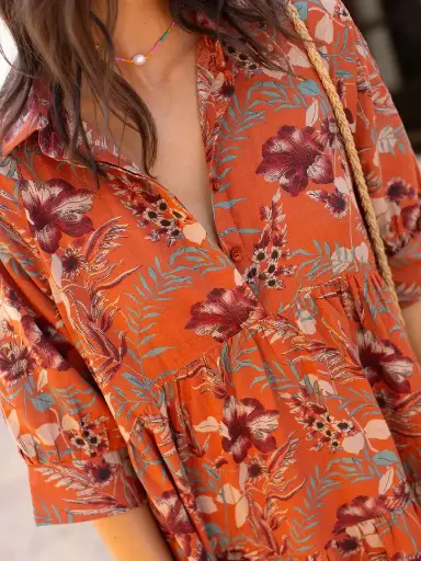 [LHDRS001830] Vestido Floral Naranja Tropical XXL en 100% RAYON con mangas