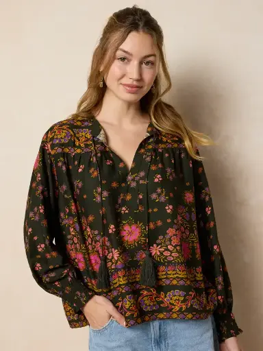 [TOP002477] Blusa Dara XS algodon mangas largas y borla