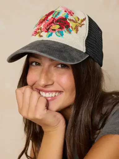 [HAT000123] Gorra Bordad en Punto de Cruz Flores