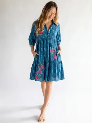 [LHDRS003775] Vestido Becca Bordado con mangas XXL Indigo