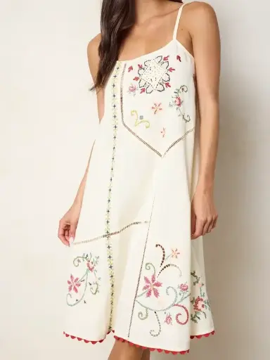 [LHDRS004158] Vestido Midi en lino crema bordado en hilo XS